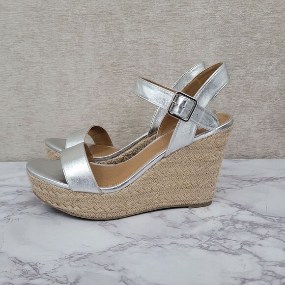 Report Citrine Espadrille Wedge Platform Heel Sandal Metallic Silver 11M - Picture 1 of 14